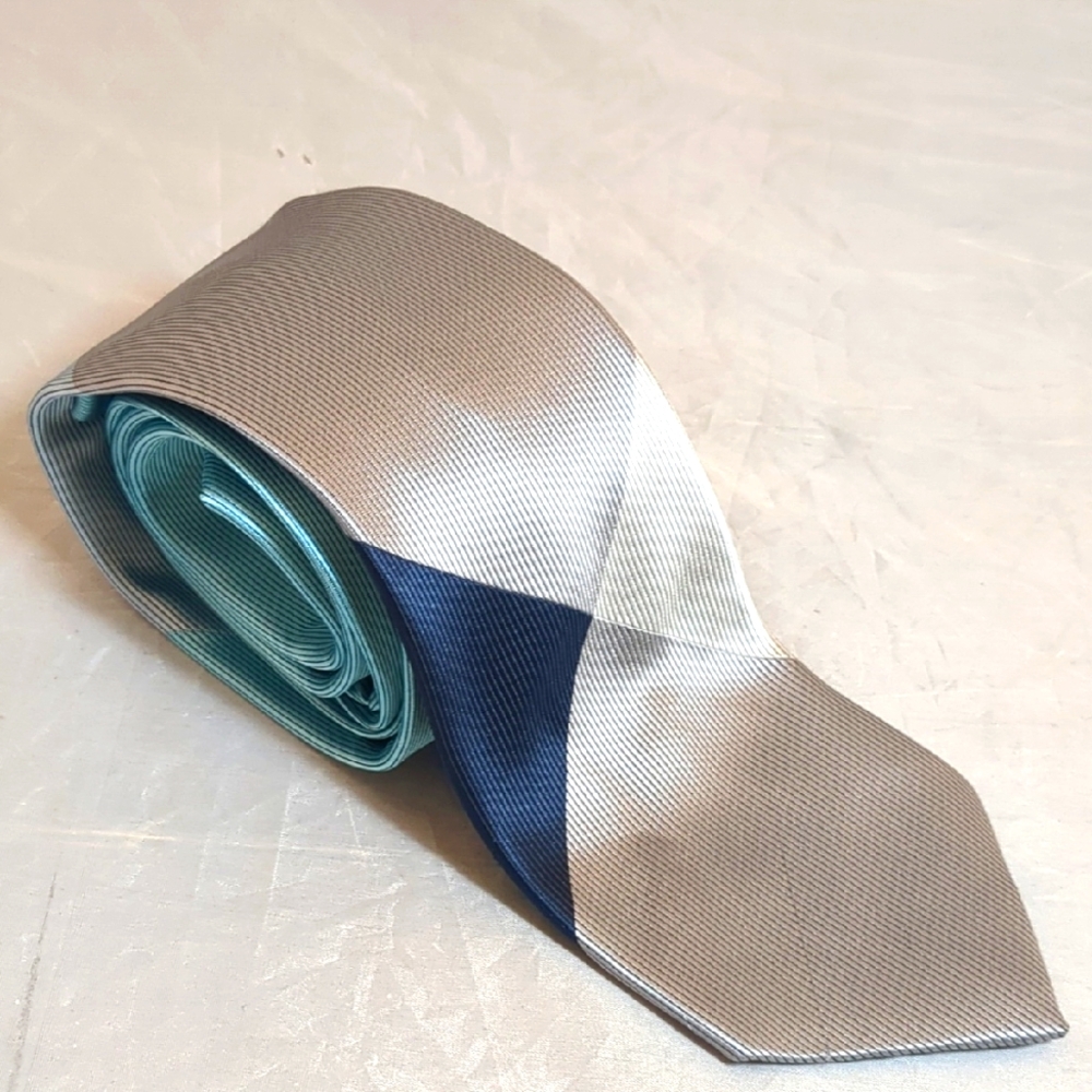 Vintage 100% Silk Color Block Gray and Blue Men's Necktie Tie